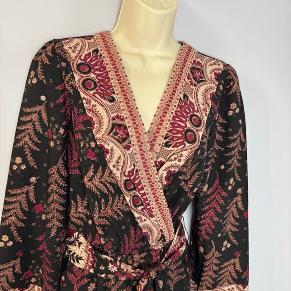 One September Jumpsuit  Wide Leg Wrap Bodice Embroidered Black Burgundy Boho XS - Picture 5 of 14